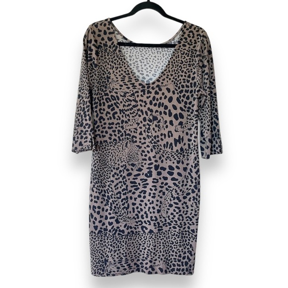 Banana Republic Brown/Black Jaguar Print Scoop Neck 3/4 sleeve Mini Dress - Picture 3 of 3